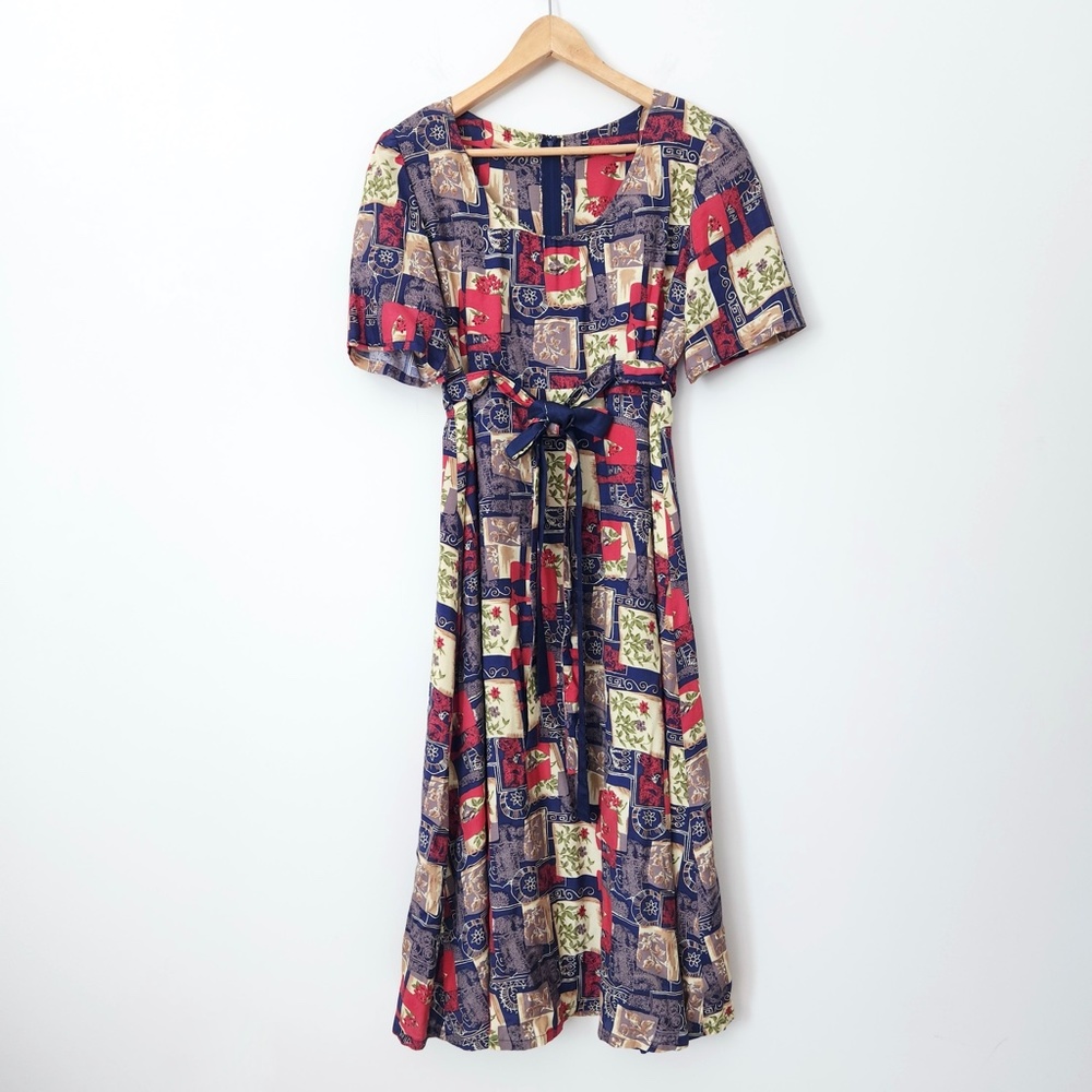 Vtg Patchwork Midi Dress Handmade Belted Blue Red Large 80s Does 50s Modest